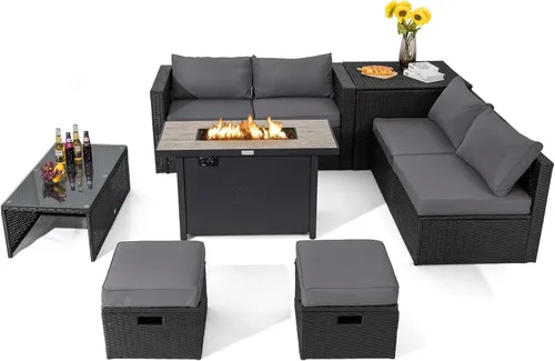 Miniatura 11 de Tangkula Sofá modular de mimbre para exteriores de 9 piezas con mesa de fogata de gas de 42 pulgadas y 60,000 BTU, juego de conversación de patio