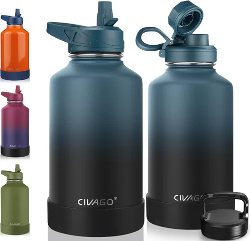 Miniatura 36 de CIVAGO Botella de agua aislada de 22 onzas con pajita, frasco de agua deportiva de acero inoxidable con 3 tapas