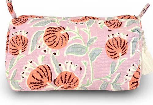 Miniatura 11 de Bolsa de maquillaje hecha a mano con estampado de bloques y bolsa de aseo – Estuche de viaje cosmético artesanal de algodón hecho a mano, Granada