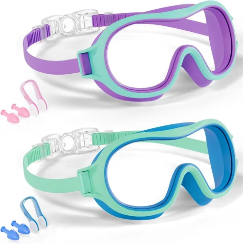 Miniatura 10 de Aegend Paquete de 2 gafas de natación para niños de 3 a 15 años, antivaho, anti-UV, visión amplia, impermeables, sin fugas, para niños y niñas Azul