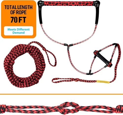 Miniatura 4 de Obcursco Cuerda Wakeboard, línea de deportes acuáticos con mango EVA. Ideal para esquí acuático, wakeboard, rodillera 2 secciones rojo y negro