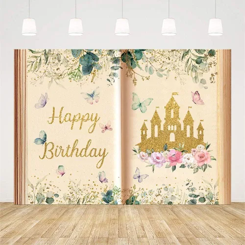 Miniatura 2 de AIBIIN Libros de cuentos de hadas de 7 x 5 pies, telón de fondo de feliz cumpleaños para niña, libro de apertura antigua, Once Upon a Time, castillo
