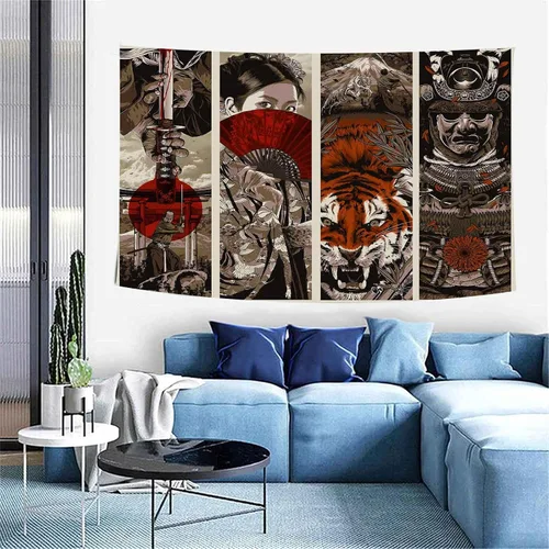 Miniatura 2 de Aidatain Tapiz de pared Samurai Maiko de estilo japonés para dormitorio, diseño de tigre y monte Fuji, manta de playa de franela de 40 x 30 pulgadas