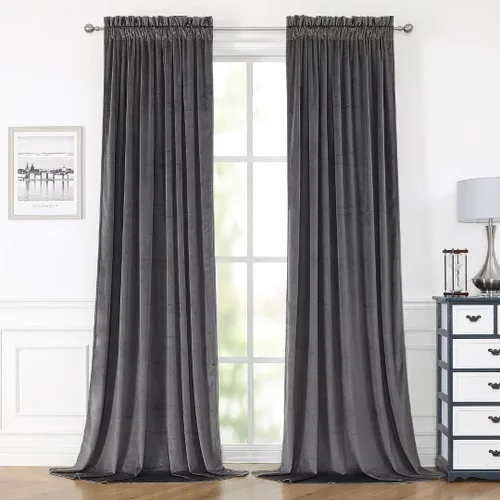 Cortinas de terciopelo gris oscuro de 84 pulgadas para dormitorio, cortinas opacas con aislamiento térmico - Cortinas con dobladillo para cortinero
