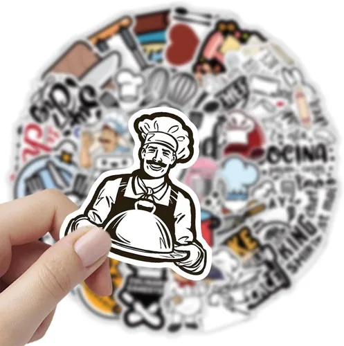 Miniatura 5 de Calcomanías de chef 54 calcomanías de vinilo impermeables para botellas de agua, tazas, computadora, teléfono celular, patineta, guitarra Peel