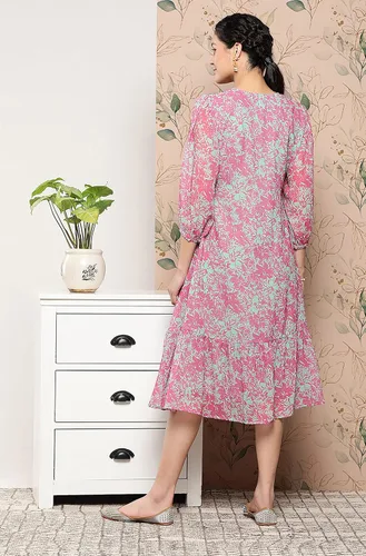 Miniatura 6 de Janasya Vestido occidental de Georgette rosa con estampado floral para mujer india