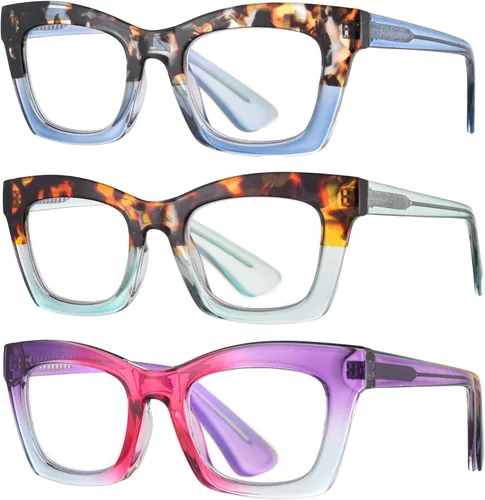 Paquete de 3 anteojos de lectura cuadrados con bisagras de resorte, estilo Oprah, con bloqueo de luz azul, para mujeres y hombres Azul/Verde/Púrpura