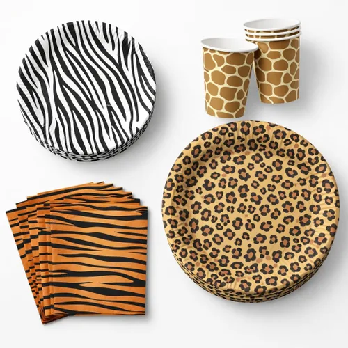 Sirve para 30 invitados Jungle Safari Zoo Animal Print Fiesta Cumpleaños Suministros Pack 9" Platos cena 7" Platos Postre 12 oz Tazas Servilletas