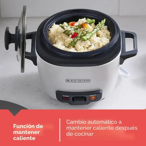 Miniatura 7 de BLACK+DECKER Olla arrocera de 3 tazas, RC503, 1.5 tazas de arroz crudo, cesta de cocción al vapor, recipiente antiadherente extraíble, un toque