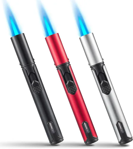 Urgrette Paquete de 3 encendedores de butano, encendedor de pluma recargable de 6 pulgadas, llama de chorro ajustable, encendedor de butano para