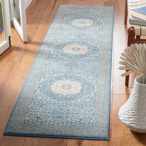 SAFAVIEH Sofia Collection SOF365M - Alfombra bohemia tribal envejecida de 2 pies 2 pulgadas x 8 pies, color azul/beige, no desprende pelusa, para