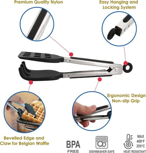 Miniatura 2 de StarBlue - Mini pinzas para gofres – Pinzas de silicona y nailon de 8 pulgadas con asas suaves antideslizantes, antiarañazos y aptas