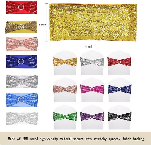 Miniatura 4 de Fajas de lentejuelas para sillas de elastano, paquete de 6 bandas elásticas de lentejuelas con hebilla para bodas, banquetes, cumpleaños, Oro rosa