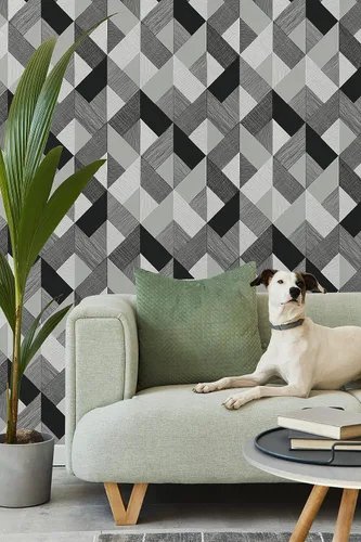 Miniatura 2 de NextWall Stacy Garcia Home Marquetry Papel tapiz geométrico para despegar y pegar (Greystone)