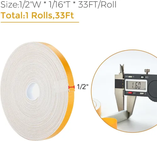 Miniatura 3 de 33 pies de burlete para puertas, sello adhesivo de cinta de espuma de alta densidad de 1/2" de ancho x 1/16" de grosor para insonorización de Blanco