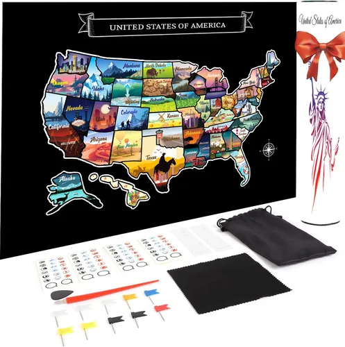 Miniatura 2 de Mapa grande rascable de Estados Unidos de 23 x 16 pulgadas, diseño de viaje dibujado a mano con accesorios, laminado para decoración del hogar