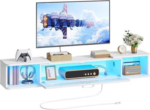 Miniatura 11 de HOOBRO Soporte de TV flotante con luz LED y toma de corriente para televisores de hasta 65 pulgadas, estante de TV montado en la pared, consola