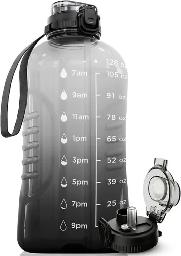 Miniatura 16 de AQUAFIT Botella de agua de 128 onzas con marcador de tiempo, popote 2 en 1 y tapa para beber, botella de agua grande para gimnasio sin BPA