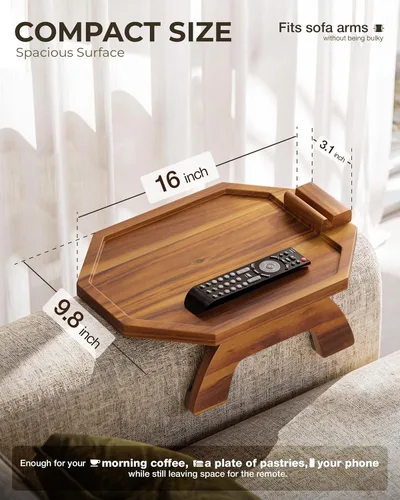 Miniatura 4 de BLUEWEST Bandeja para reposabrazos de sofá, mesa bandeja de madera de acacia que se engancha al brazo del sofá con soporte giratorio de 360°