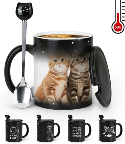 Miniatura 4 de Tazas únicas para gatos, tazas de café que cambian de color de 11 onzas – The Fish is Delicious – Taza de Halloween con tapa negra y cuchara