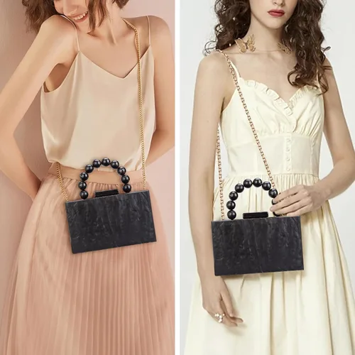 Miniatura 5 de Monederos acrílicos de noche, bolso de mano de mármol para mujer, bolso cruzado con cadena de perlas, formal, boda, fiesta de graduación