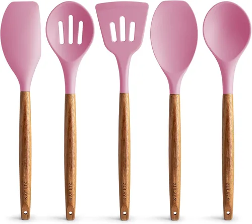 Miniatura 10 de Zulay Kitchen Juego de utensilios de cocina antiadherentes con auténticas asas de madera de acacia, juego de utensilios de cocina de silicona Sky