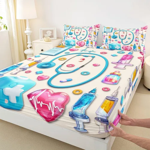 Miniatura 6 de Erosebridal Nurse Sheet Set Stethoscope Twin Sheets Set for Teen Boys,Colorful Medical Healthcare Heartbeat Syringe Fitted Sheet