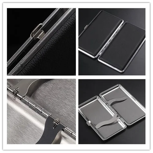 Miniatura 6 de Estuche para Cigarrillos Elegante de Superficie de Cuero con Caja de Metal para 14 Cigarrillos. Estuche de Doble Cara con Clip de Resorte para Negro