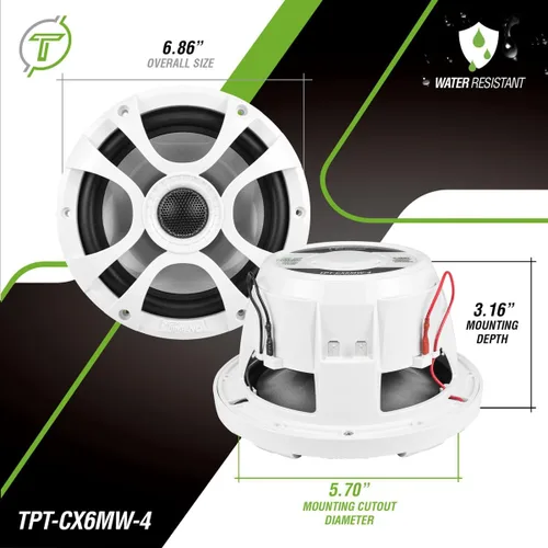 Miniatura 3 de Timpano 6.5 altavoces marinos de 450 vatios por par TPT-CX6MW-4 altavoces coaxiales impermeables de 2 vías, 1 par, blanco, resistentes a