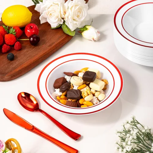 Miniatura 6 de Goodluck Paquete de 50 cuencos de plástico con borde rojo, cuencos de sopa desechables de 12 onzas, cuencos de postre resistentes para bodas