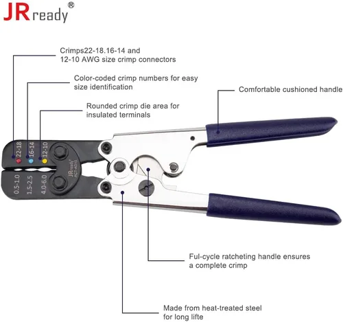 Miniatura 7 de JRready ACT-AD10 - Herramienta de crimpado de trinquete, crimpadora de cables de 22 a 10 AWG para conectores a tope termorretráctiles y terminales