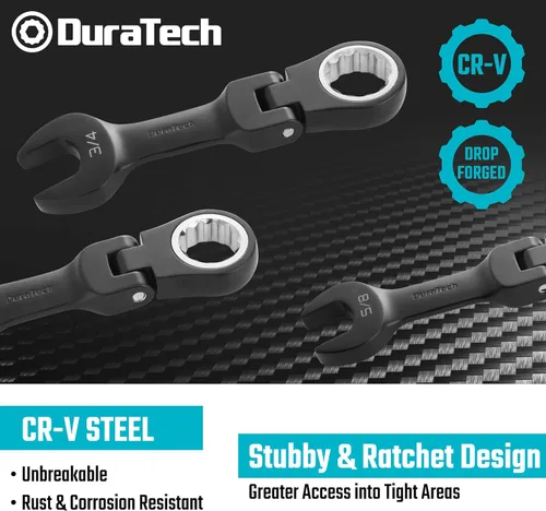 Miniatura 5 de DURATECH Stubby - Juego de llaves combinadas de trinquete de cabeza flexible, SAE, 8 piezas, 5/16" a 3/4", acero CR-V, revestimiento electroforético
