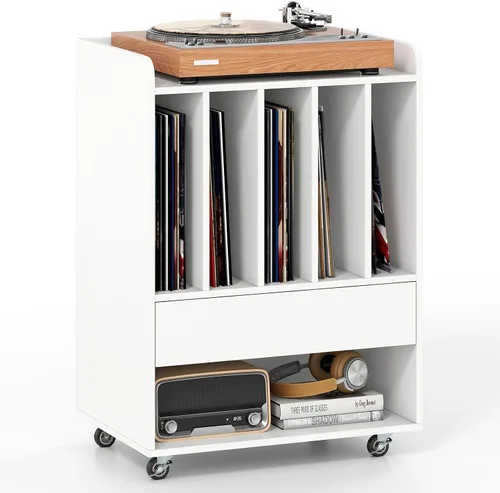 Miniatura 10 de Giantex Soporte para tocadiscos, soporte giratorio con cajón, gancho y ruedas con bloqueo, estante de exhibición de discos de vinilo con capacidad