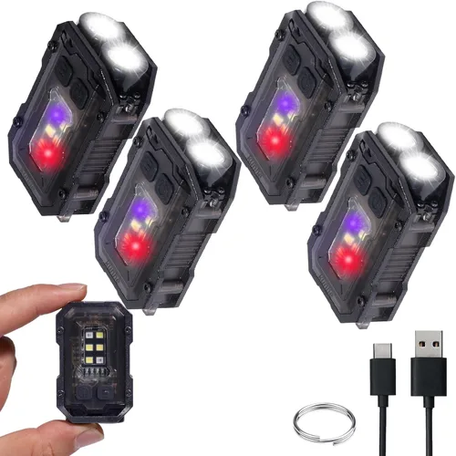 KunHe Paquete de 4 linternas recargables EDC de 280 lúmenes, 8 modos, mini llavero con clip en la linterna USB-C magnética COB luz lateral llavero