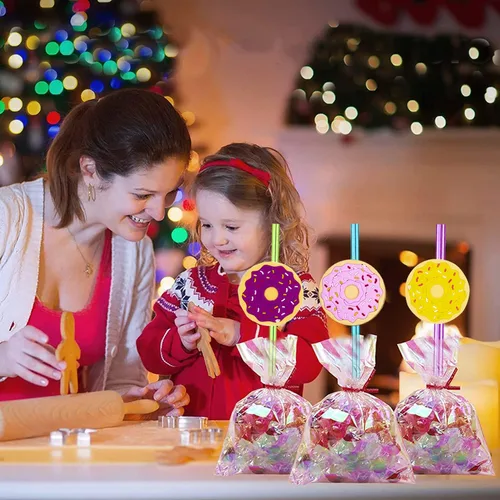 Miniatura 5 de 24 popotes reutilizables con forma de dona y arco iris loco para suministros de fiesta de cumpleaños, decoraciones de fiesta con 2 cepillos