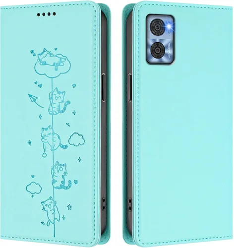 Miniatura 11 de Wallet Phone Case for Moto E22 4G Cover, Playful Cat PU Leather Phone Cover with 2 Card Slots & Hidden Flip Kickstand, TPU Shockproof Protective