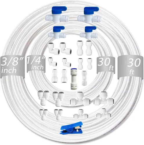 NSF 1/4" y 3/8" Tubo de línea de agua y accesorios de conexión por empuje para filtro de agua de ósmosis inversa RO, 25 piezas de conectores + 30