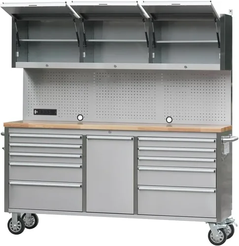 Miniatura 11 de AnorTrek Caja de herramientas de 72 pulgadas con 15 cajones con gabinete superior de 3 y tablero de clavijas en acero inoxidable (Acero inoxidable)