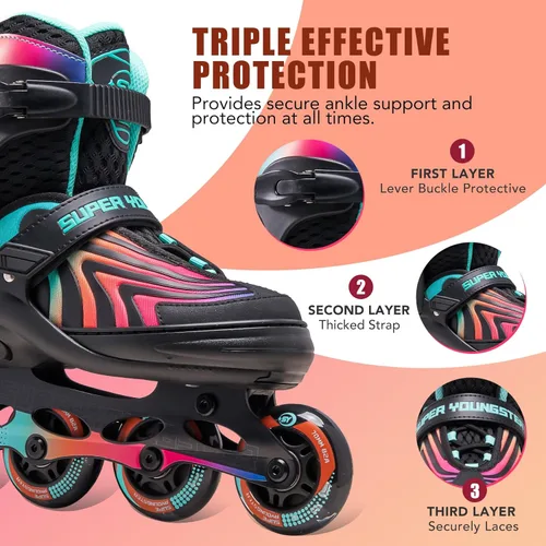 Miniatura 3 de SUPER YOUNGSTER Patines en línea para niñas, niños y niños de 4 a 12 años, patines ajustables con luces para jóvenes y adolescentes de 8 a 12 años