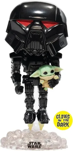 Miniatura 8 de POP Star Wars: The Mandalorian - Dark Trooper Holding Grogu [The Child] Figura de vinilo exclusiva de Funko que brilla en la oscuridad