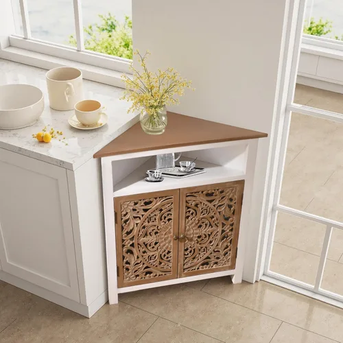 Miniatura 6 de Ahokua Armario esquinero bohemio, organizador estrecho con puertas florales talladas, armario de almacenamiento con estante ajustable y Blanco