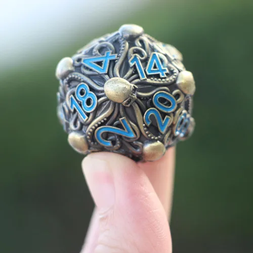 Miniatura 6 de Big Octopus D20 - Dados de metal con acabado de bronce antiguo sólido con números azules, para Cthulhu Mythos, juegos de rol de mesa -DNDWoW BZQB