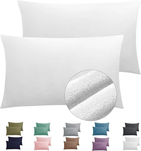 Paquete de 2 fundas de almohada King de terciopelo con cremallera, súper suaves y acogedoras, fundas de almohada de franela difusa de lujo con Blanco