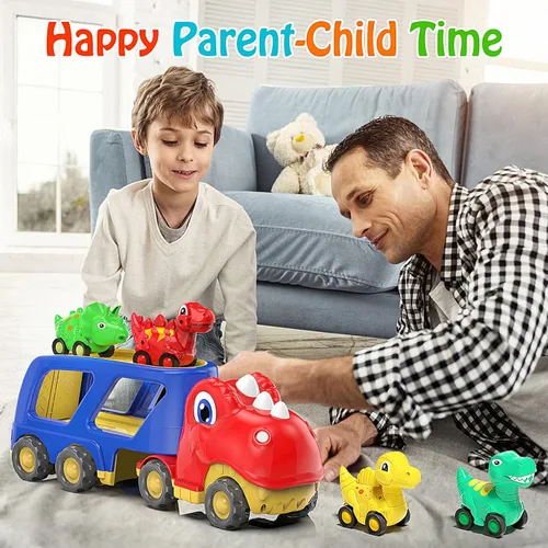 Miniatura 6 de Veslier Auto de juguete para niños de 2, 3, 4, 5 años, camión transportador de dinosaurios con 4 unidades de automóvil pequeño de dinosaurio