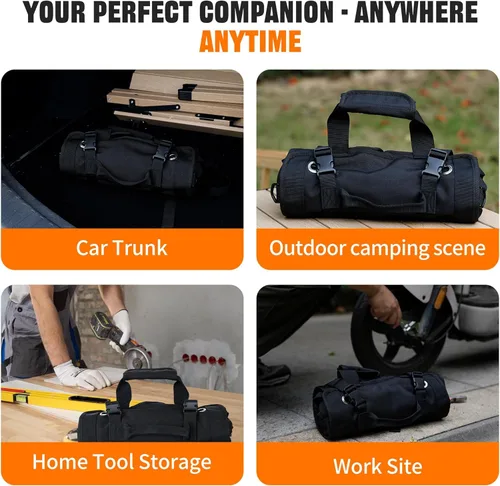 Miniatura 7 de Organizador plegable portátil de herramientas enrollable con 5 compartimentos y 2 bolsas desmontables, bolsa de herramientas de servicio pesado Negro