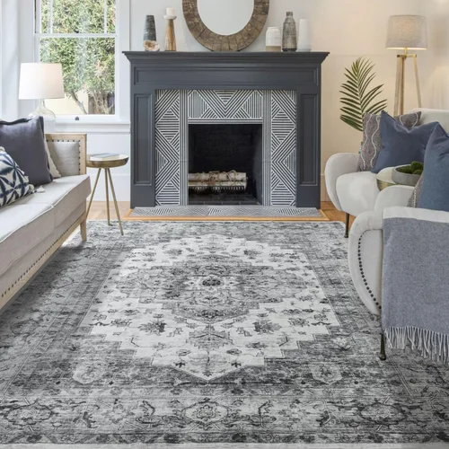 Syalife 6x9 Alfombra Lavable para Área, Ultra Suave Antideslizante, Pila Baja, Alfombra Vintage Resistente a Manchas para Sala de Estar, Alfombra