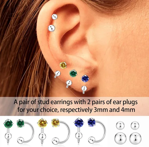 Miniatura 23 de Pequeños aretes de piedra natal natural de 0.118 pulgadas para mujeres, adolescentes y niñas, pequeños aretes de medio aro para cartílago