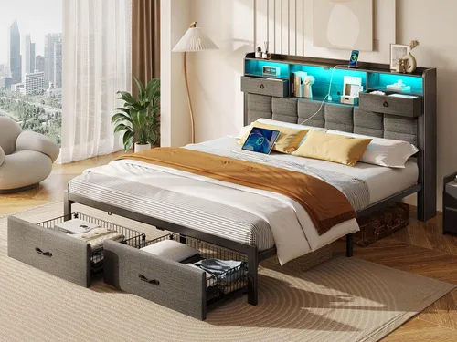 Miniatura 5 de Rolanstar Armazón de cama tamaño completo con cajones y estación de carga, cama de plataforma tapizada con cabecera de almacenamiento y luz LED