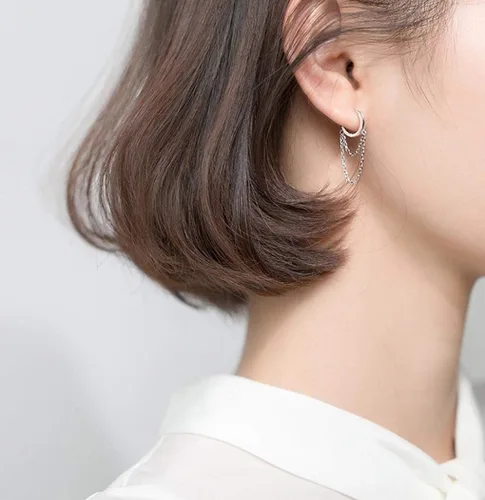 Miniatura 2 de Reffeer Aretes de aro pequeños de plata de ley 925 con borla y cadena para mujeres y adolescentes