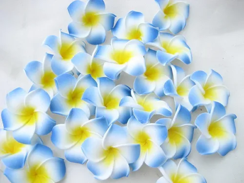 Miniatura 2 de 100 pétalos artificiales de plumeria rubra hawaiana de espuma de Frangipani de 1.6 pulgadas de diámetro, para decoración de bodas y fiestas (azul)